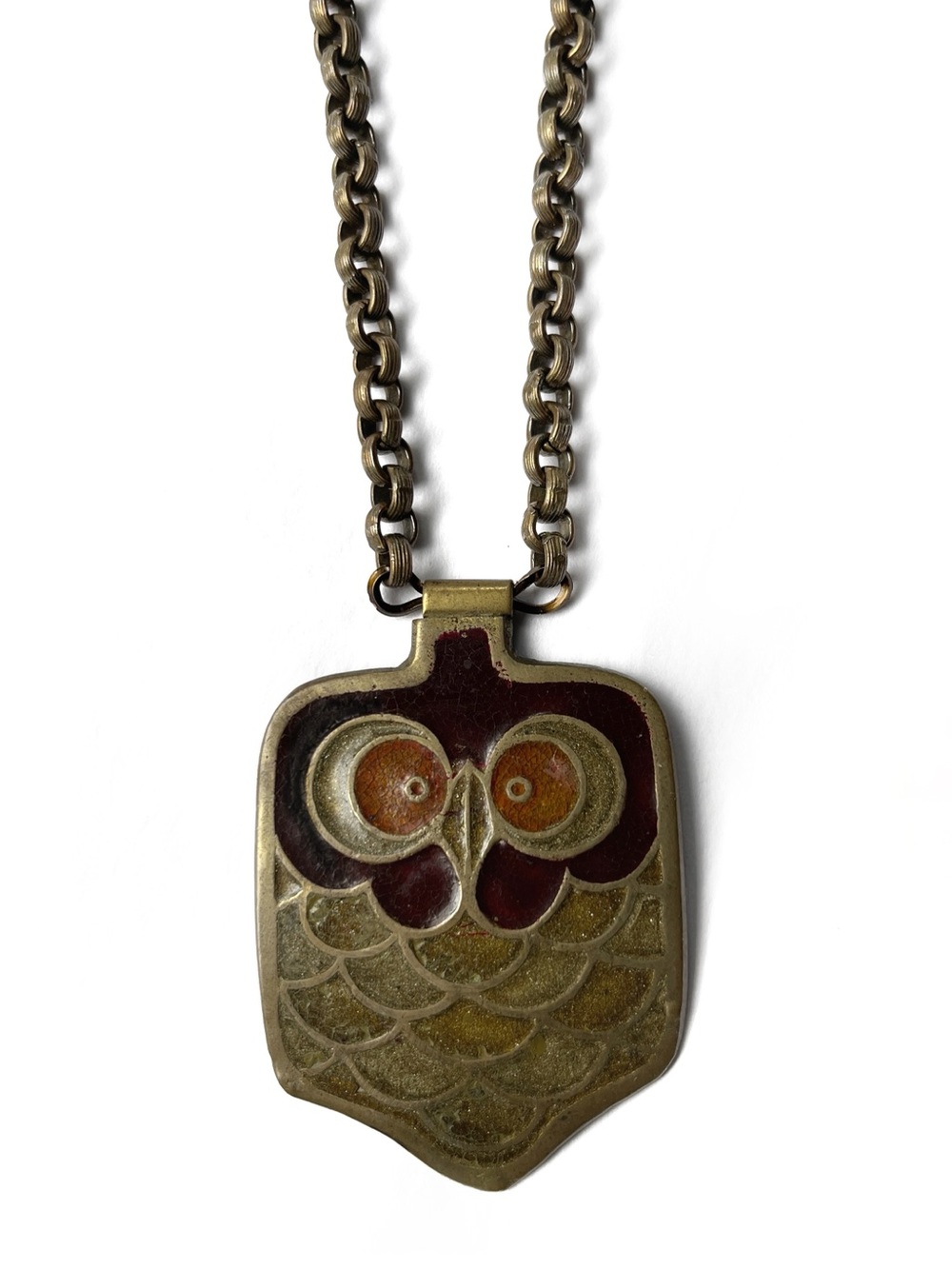 Lee Bernay Brass Enamel Owl Pendant  Necklace Antiqued Rolo Chain Vintage